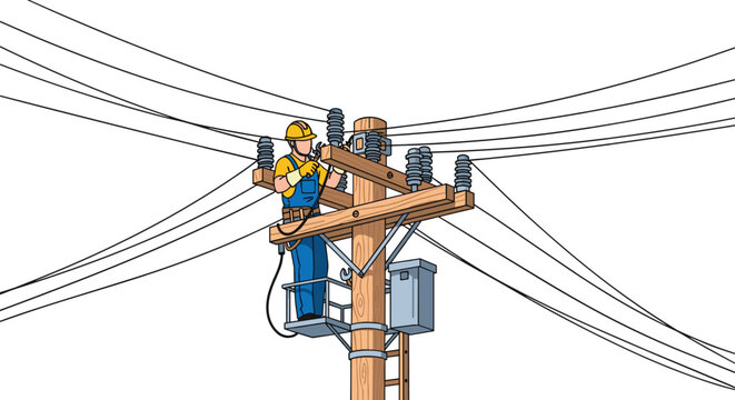 A utility worker in safety gear is actively repairing components on a wooden power pole with numerous electrical lines.
