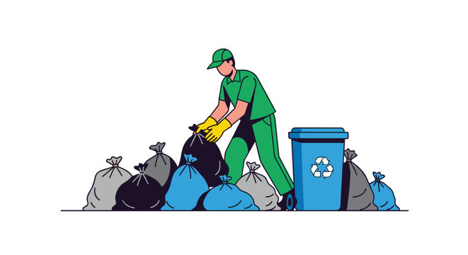 A male sanitation worker in a green uniform is collecting trash bags next to a blue recycling bin.