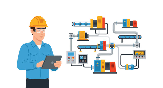 An engineer with a yellow hard hat holds a tablet next to intricate industrial machinery on a light grey-blue background.