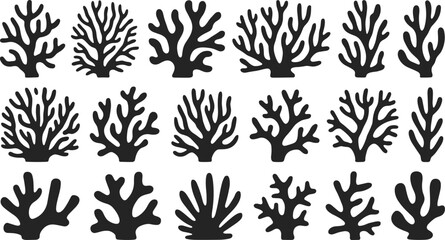 Black Coral and Seaweed Silhouette Icon Set Isolated on White Background for Underwater Reef Nature Design and Marine Vector Graphics © MdAjijul