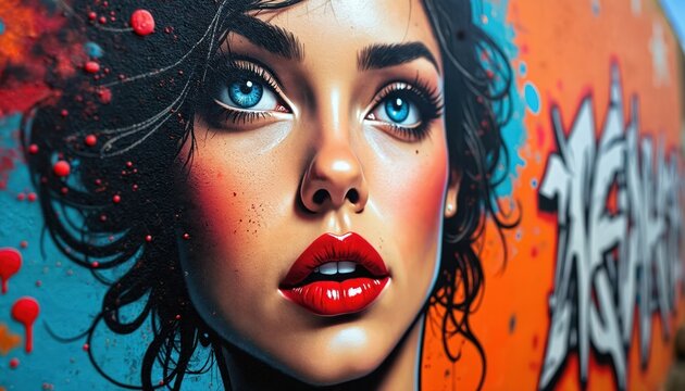 Woman with bold makeup and bright blue eyes stares forward. Colorful graffiti art adorns wall behind her. Urban style portrait, striking visual contrast, street art.