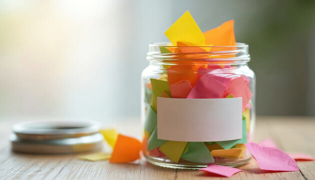 Glass jar filled with colorful paper notes. Represents gratitude and positive thoughts. A blank label for custom text. Used for journaling and self-care.