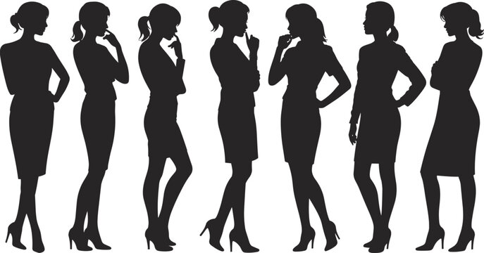 Black Vector Silhouettes of Business Women Standing and Thinking Set Isolated on White Background for Corporate Office and Professional Design