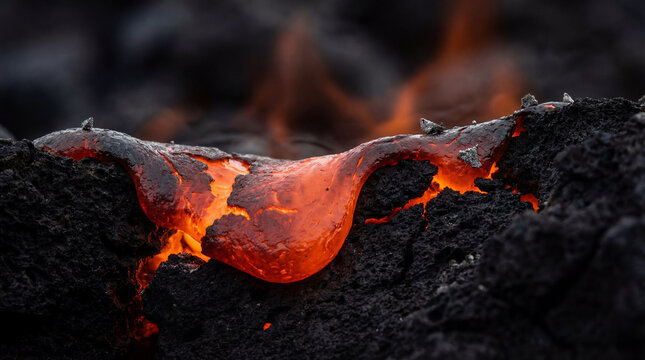 Molten lava flowing over dark basalt rock in extreme macro close up