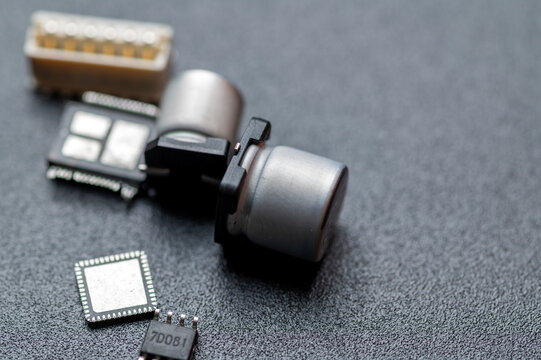 Close-Up of Electronic Sensors and Microchips on Textured Surface for Technology Hardware