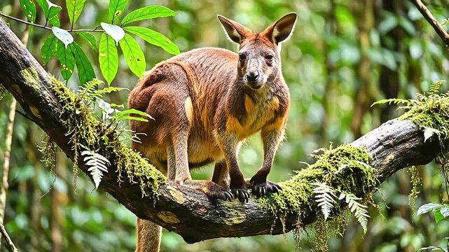 A reddish-brown tree kangaroo perched on a mossy branch in a lush tropical rainforest, looking around its natural habitat