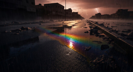 Fototapeta premium Rainbow oil slick on wet road in ruined city street during rainstorm. Aftermath of geopolitical conflict and war. Broken buildings, debris and dark sky with lightning at night.