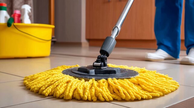 Professional Cleaning Service Using Mop on Ceramic Floor Surface