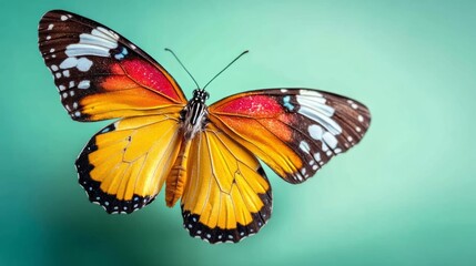 Obraz premium Butterfly in Flight Against a Bright Mint Green Background