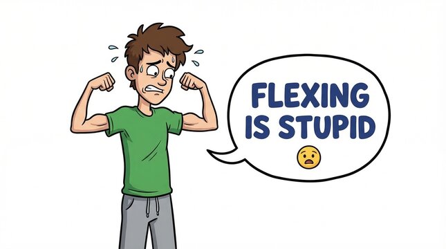 Young man expressing self-doubt about flexing his muscles with a speech bubble