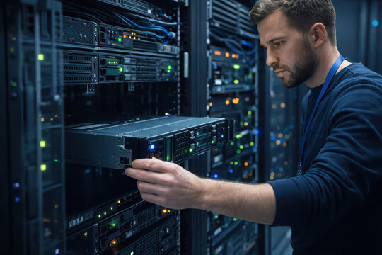 Man working with server hardware in data center, focused technician installing or removing server unit in rack with glowing indicator lights, technology maintenance