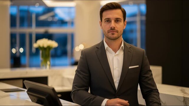 Courteous Caucasian male clerk greeting guests at hotel front desk