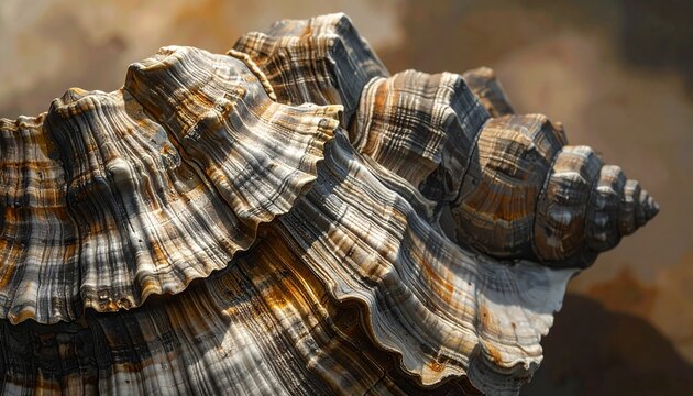 layered seashell cross sections forming organic plaid pattern in warm light