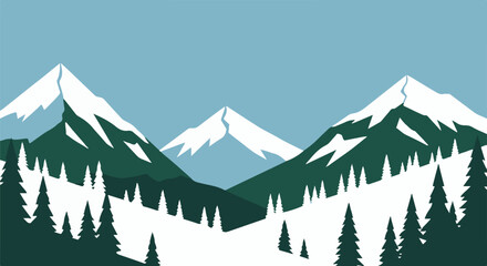 Fototapeta premium Minimalist Vector Landscape with Snow-Capped Mountains and Evergreen Pine Trees Under a Clear Blue Sky, Ideal for Nature-Themed Designs and Outdoor Adventure Concepts
