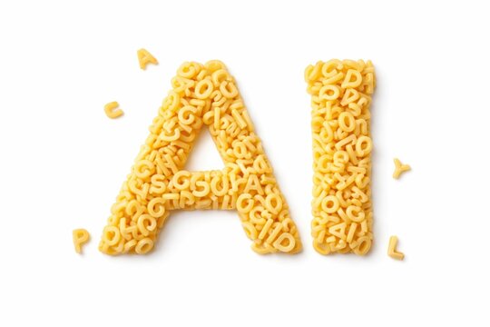 Minimal white background image showing the letters AI made from alphabet pasta, with scattered letters suggesting play and creativity in a clean visual concept about artificial intelligence.