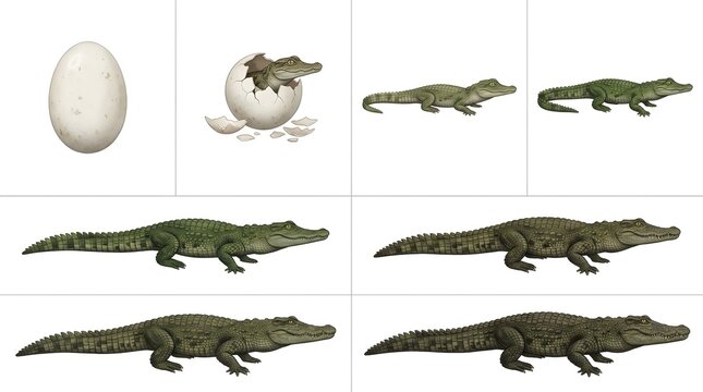 Illustration showing the life cycle of an alligator, from egg to adult.