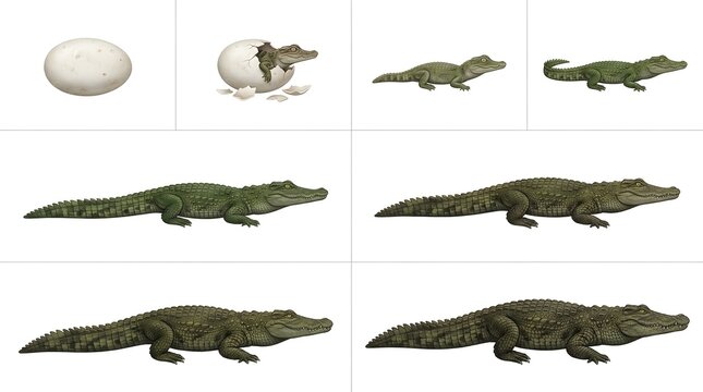 Alligator life cycle stages from egg to adult illustration