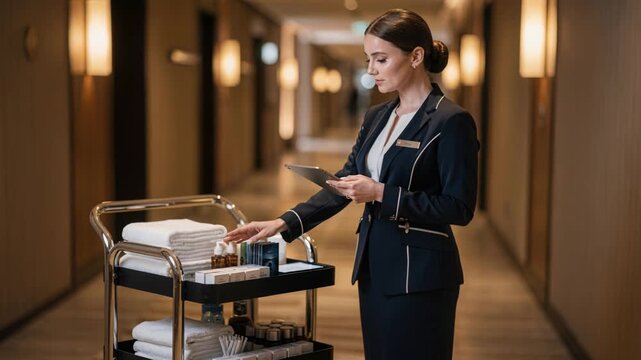 Attendant arranging amenities on trolley in elegant corridor setting