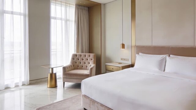 Elegant hotel accommodation with tufted chairs and ambient lighting fixtures