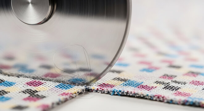 a sharp circular blade precisely cutting through colorful patterned fabric highlighting delicate fibers and the manufacturing process.