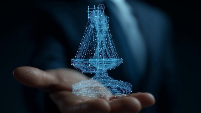 デジタル天秤で表現する公正な判断と法のバランスイメージ