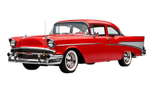  red 1957 Chevrolet Bel Air classic car perfectly isolated on a pure white background studio lighting ultra sharp focus high resolution detailed bodywork chrome accents and wheels clean cutout style.