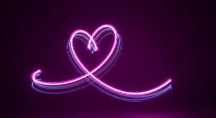 Fototapeta premium Glowing neon heart shape light trail on dark purple background - love romance and modern design concept