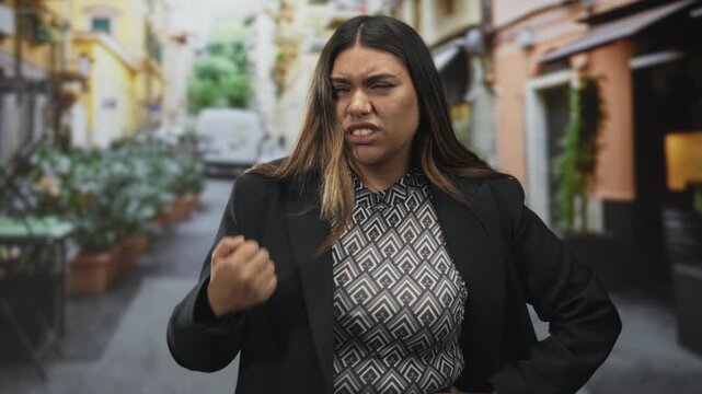 Woman clenches fist and grimaces on a street with potted plants and cafe awnings, wearing patterned blouse and black blazer with visible nose piercing; anger defiance.