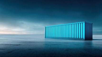 Obraz premium Blue Shipping Container on Empty Landscape Under Dramatic Sky at Dawn with Soft Light and Reflections on Ground