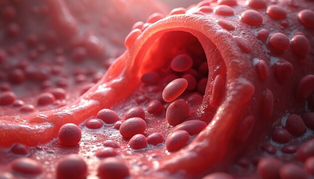Close view of red blood cells flowing inside a blood vessel. Microscopic interior of artery or vein wall with cells suspended in plasma, showing circulation and health issues.