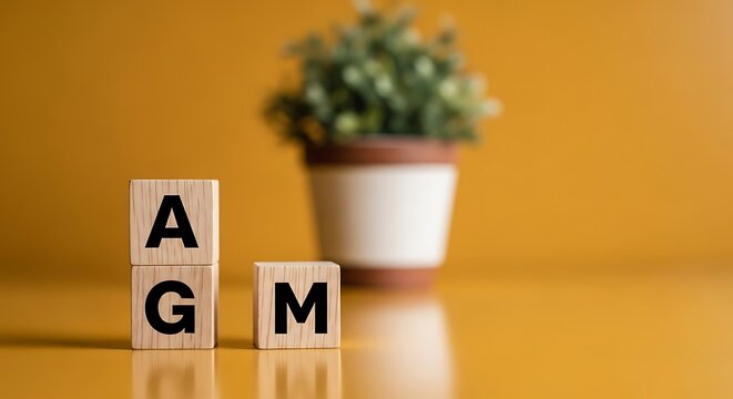 Wooden blocks spelling agm next to a potted plant, representing annual general meeting and business, yellow background
