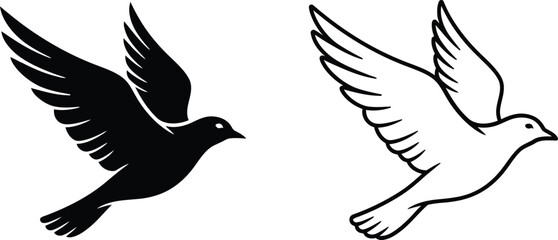 Obraz premium Flying Bird Silhouette and Outline Vector Icon Set Vector