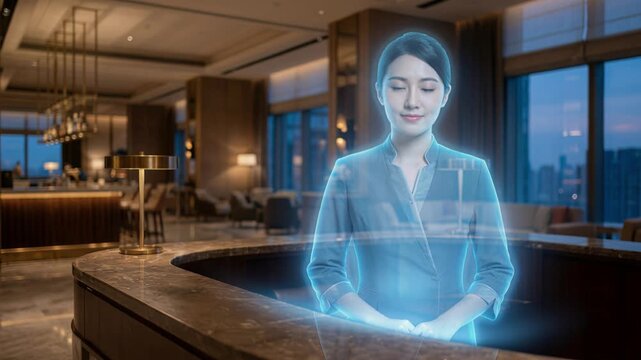 Calm digital holographic host greets guests with serene demeanor