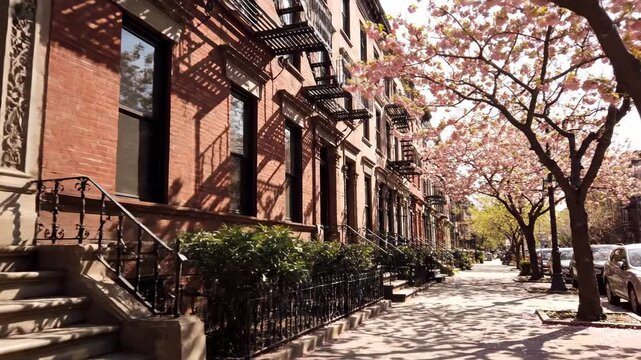 Brownstone Street with Cherry Blossoms in Spring