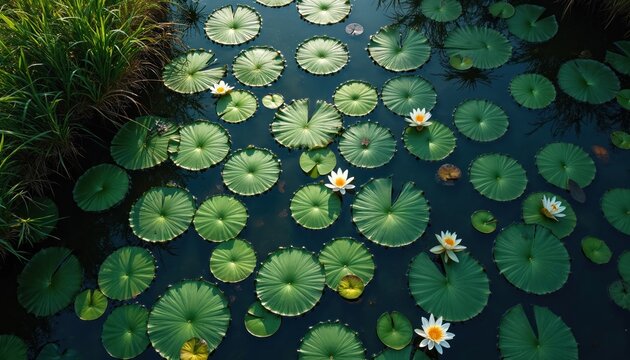 Top view of pond with rich green lily pads floating on dark water surface. Several white water lilies bloom with yellow centers. Tall green grass grows on the bank.