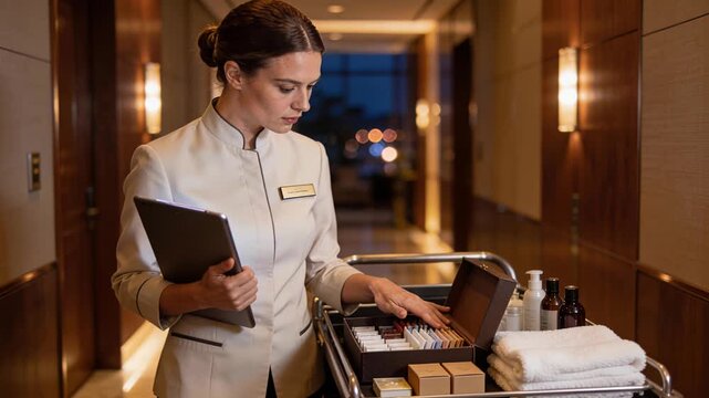 room attendant restocking minibar cart while checking tablet