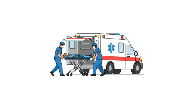 Two masked paramedics in blue uniforms push a stretcher with a patient towards an open ambulance on a white background.