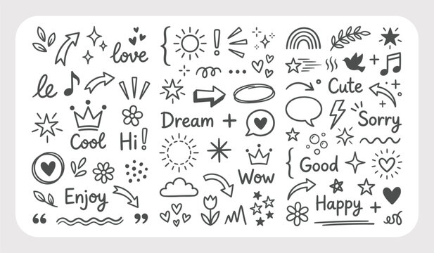 Cute Hand Drawn Line Icon Set with Arrows, Stars, Hearts and Decorative Sketch Elements. Vector Illustration.
