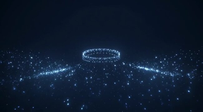 Glowing blue particle circle and lines on dark background, technology concept