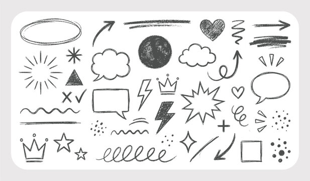 Hand Drawn Chalk Brush Arrow and Scribble Element Set with Grunge Shapes in Pencil Sketch Style. Vector Illustration.