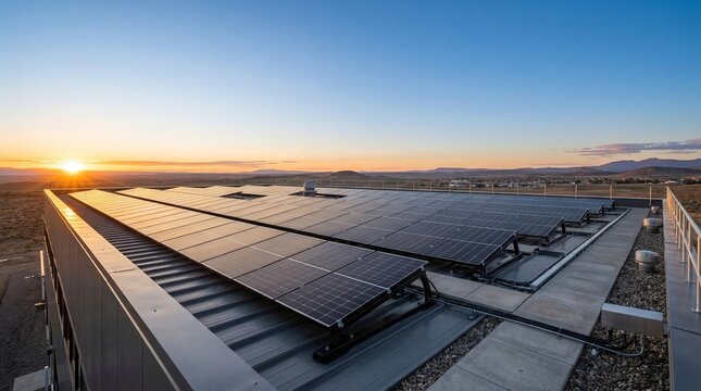Solar panels sunrise. Extensive photovoltaic system installed on flat commercial rooftop at dawn