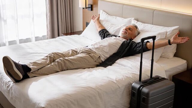 Content senior individual enjoys restful moment in cozy hotel atmosphere