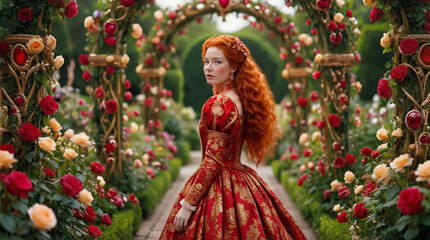Fototapeta premium Redheaded woman in ornate gown walking through rose garden. Medieval style dress and floral arches in fantasy setting.