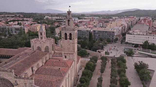 Aerial view flying over the monastery of sant cugat del valles in spain