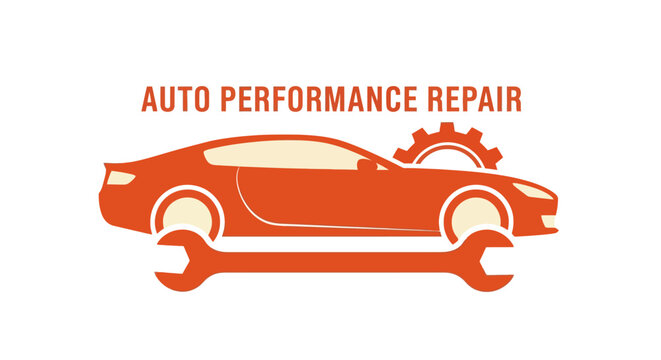 Auto Performance Repair Service Logo with Car and Tools.