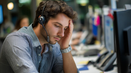 Fototapeta premium Stressed call center worker with head in hand at a busy computer workstation, defocused busy office background, high-stress work environment concept, with copy space