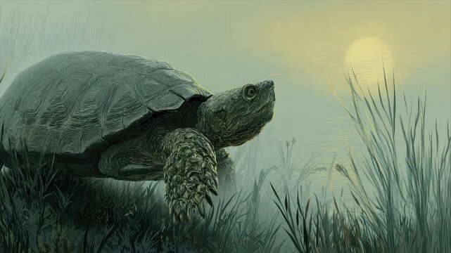 A detailed illustration of a large turtle, with a textured shell, in a misty wetland at dawn/dusk