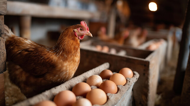 Hens and eggs in farm shed, poultry production scene, agricultural egg collection setting, with copy space