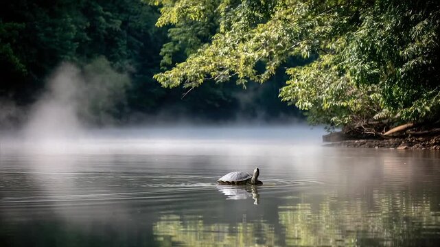 A turtle swims on a misty lake, trees frame the view