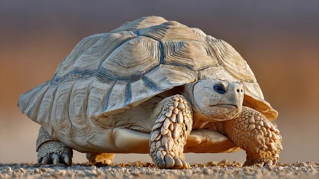 A detailed image of a large, aged tortoise with a textured shell, on gravel
